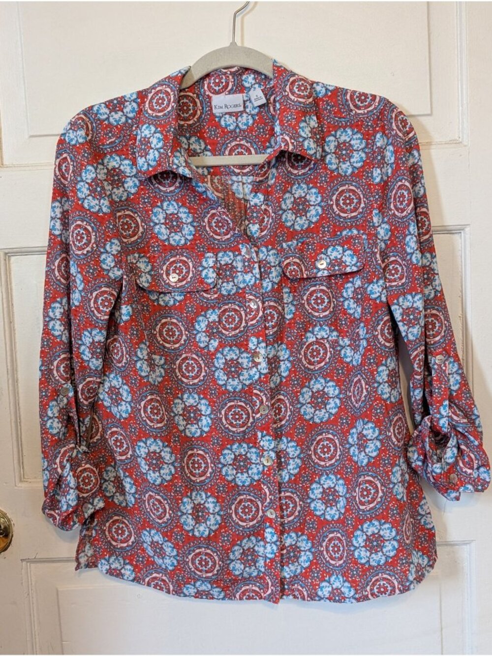 Women's Long-sleeve Coral & Blue Button up Blouse Size S Kim Rogers Boho Artsy
